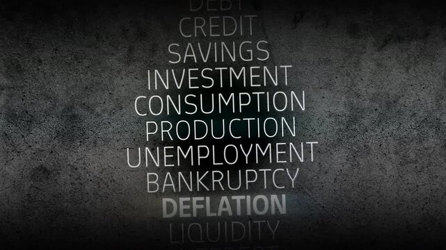 Highlighted deflation term surrounded by financial and macroeconomic keywords displayed on rough textured concrete background with glowing horizontal light representing economic decline themes.