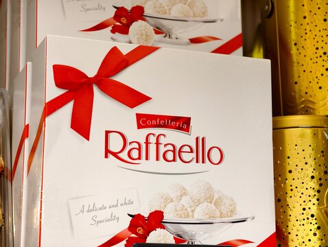 Paris,France-Oct.6th 2025: Close-up of a Raffaello coconut specialty chocolate gift box