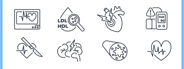 Obraz premium Cardiology line icon set. Cardiac monitor, cholesterol test, heart attack, blood pressure meter, cardiac surgery, brain stroke, blocked artery simple vector illustrations. Editable Stroke.