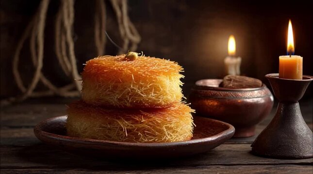 candle and slices of kunefe