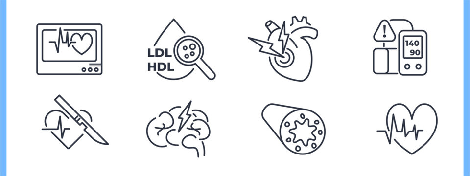 Cardiology line icon set. Cardiac monitor, cholesterol test, heart attack, blood pressure meter, cardiac surgery, brain stroke, blocked artery simple vector illustrations. Editable Stroke.