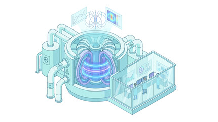 Isometric Nuclear Fusion Reactor Control Room with Scientists Monitoring Clean Energy Research, Futuristic Tokamak Laboratory Illustration
