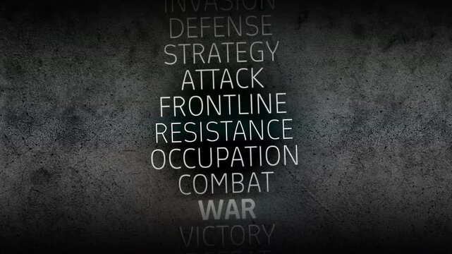 Military conflict concept showing highlighted war term among strategic keywords over gritty concrete texture with glowing horizontal beam symbolizing global tension and warfare dynamics.