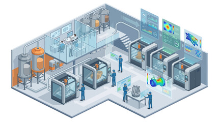 Obraz premium Isometric Smart Factory with 3D Printing Technology and Engineers Monitoring Industrial Manufacturing Process in Modern Clean Room Facility