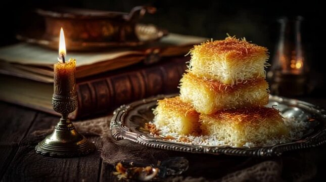 candle and slices of kunefe