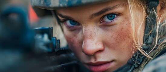 Obraz premium Close-up of a female soldier holding a weapon.