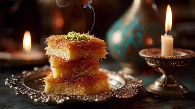 candle and slices of kunefe
