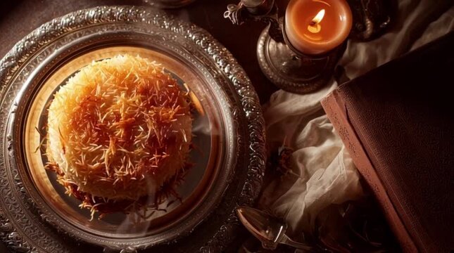 candle and slices of kunefe