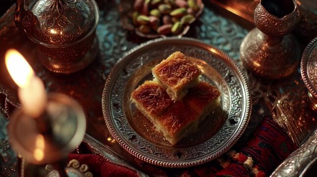 candle and slices of kunefe