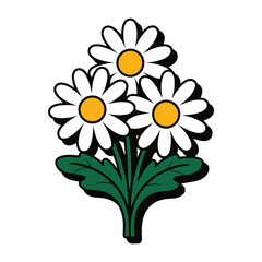 Fototapeta premium A cartoon illustration of a bouquet of white daisies with yellow centers and green leaves on a plain white background.