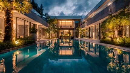 Fototapeta premium Modern Luxury Villa at Twilight. Elegant White Architecture with Illuminated Swimming Pool and Tropical Landscaping. High-End Real Estate Concept.