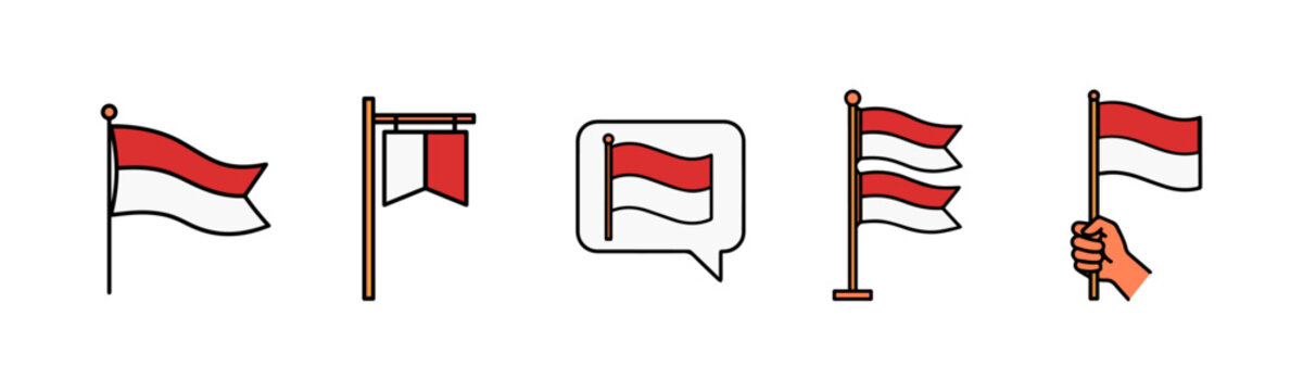 Set of Indonesian flags on poles and banners in various styles