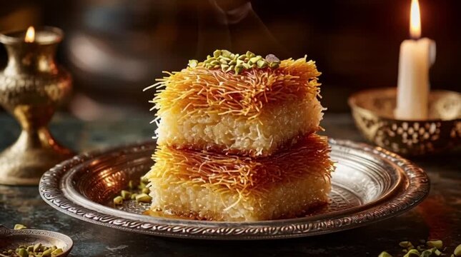 candle and slices of kunefe