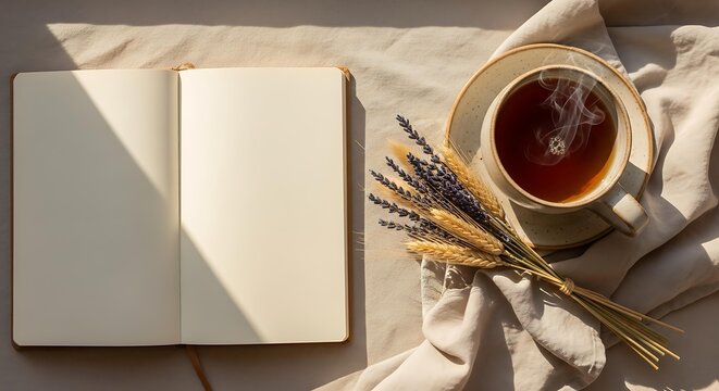 Blank notebook and tea for slow living, open blank notebook and tea on cozy morning, creative blank notebook and tea with copy space for quotes.