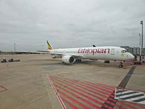 Paris,France-Oct.6th 2025: Ethiopian Airlines Airbus A350 parked on the tarmac at Paris Charles de Gaulle Airport