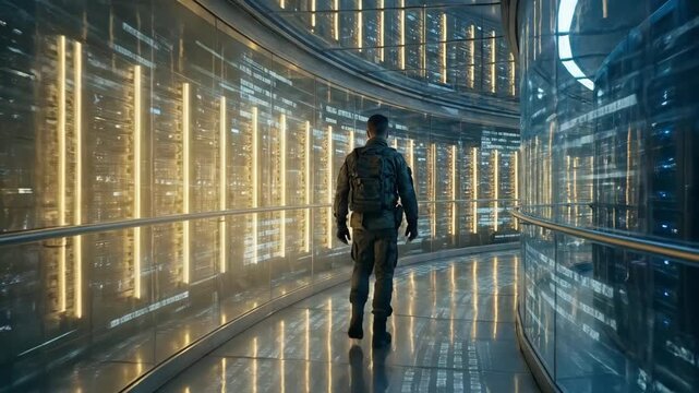 Man walking through futuristic corridor with glowing blue and yellow lights. Silhouetted figure traversing high-tech hallway in sci-fi animation. Cyberpunk exploration and digital tunnel concept.