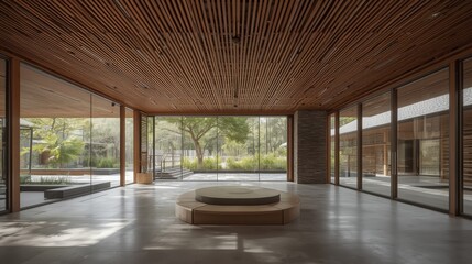 Modern minimalist interior with wooden ceiling and large windows