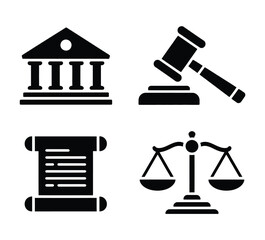 Fototapeta premium A set of black and white icons representing law and justice, including a courthouse, gavel, scroll, and scales.