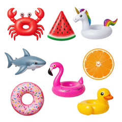 Naklejka premium Eight vibrant inflatable pool floats featuring animals, fruits, and a donut, neatly arranged with clear contours on a clean gray background, professional product display