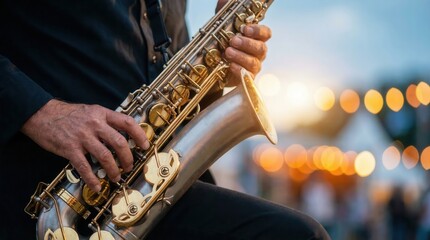 Obraz premium Close up of a musician playing a golden saxophone with bokeh lights in the background.