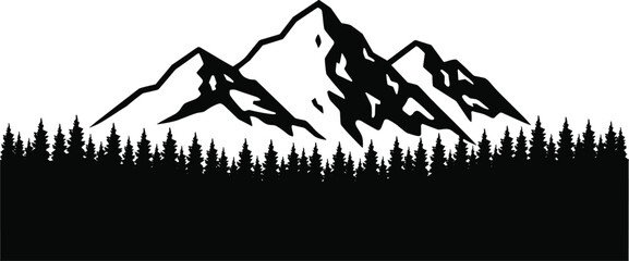 Obraz premium Mountain range silhouette with dense pine forest landscape, minimalist black nature illustration, wilderness scenery, outdoor adventure background, alpine peaks and evergreen trees vector style 🌲⛰️