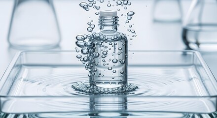 Glass cosmetic bottle in water with laboratory glassware on blurred background