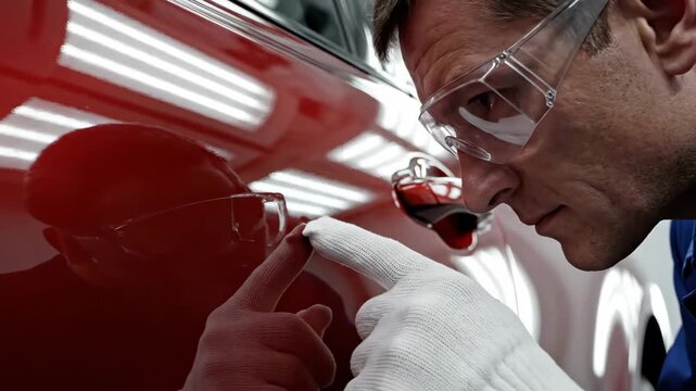 Auto inspector wipes red car surface clean. Man in glasses closely examines vehicle paint for defects. Mechanic points to imperfection on auto body in garage.