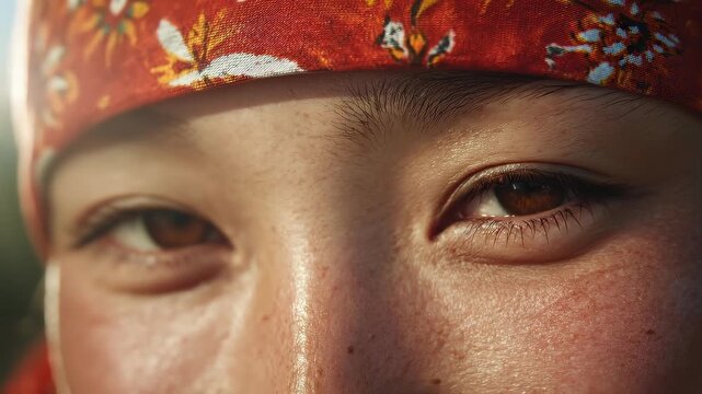 Close-up of young woman eyes, face closeup, joyful girl. Traditional red patterned headscarf, orange yellow, and white floral accents. Beautiful female face, deep gaze concept.