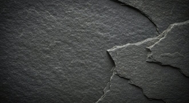 Close up of dark grey slate stone texture with rough edges.