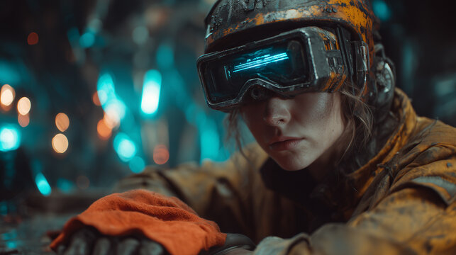 Female sci fi mechanic with glowing monocle wiping hands with bright orange rag in a futuristic workshop concept on dark blue background