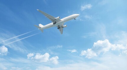 Obraz premium Passenger Airplane Flying High in the Blue Sky with Contrails.