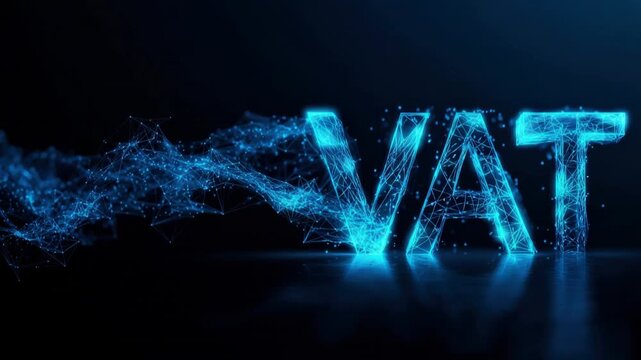Illuminated VAT letters composed of glowing blue particles against a dark background, evoking a sense of technological advancement. ..Created with Generative AI, not depicting real subjects.
