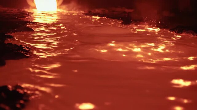 Molten metal flowing in a steel mill, industrial process, hot liquid.