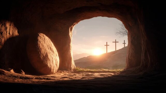 A symbolic scene unfolds, depicting an empty tomb with a large stone rolled away, revealing a sunrise and three crosses in the distance. ..Created with Generative AI, not depicting real subjects.