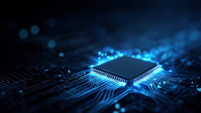 High-tech, luminous, and close-up image of a central processing unit (CPU) chip, bathed in cool blue light. ..Created with Generative AI, not depicting real subjects.