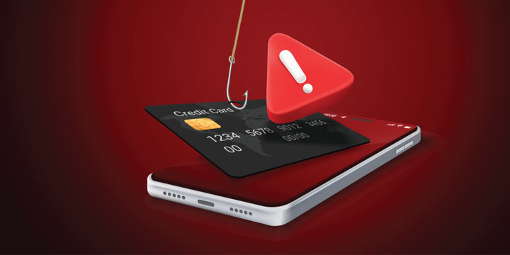 Phishing scam concept with fishing hook stealing credit card from smartphone screen, 3D illustration of financial fraud, cyber security breach, online theft and digital banking identity theft.