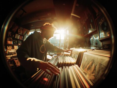 disposable camera shot of a dusty record store interior, rapper flipping through jazz vinyls, has headphones on, sunlight streaking through the blinds, flash photography, as if for a magazine cover, f