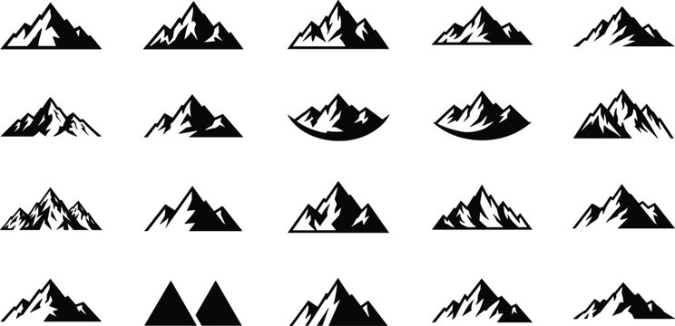 Collection of mountain silhouette icons, abstract alpine peak shapes set, black vector mountain logo elements for adventure branding, hiking, outdoor travel design isolated