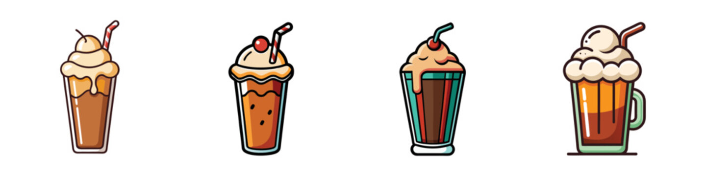Root beer float vector illustration set, flat design graphic with four different glasses