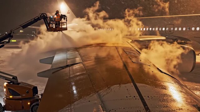 Man operating boom lift to spray deicing fluid on airplane wing in snowfall. Winter airport maintenance process ensuring safe aircraft departure in icy conditions.
