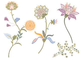 Naklejka premium Vintage Floral Elements Set with Ornamental Botanical Flowers, retro decorative blooms and leaves isolated on light background for textile, wallpaper and surface design