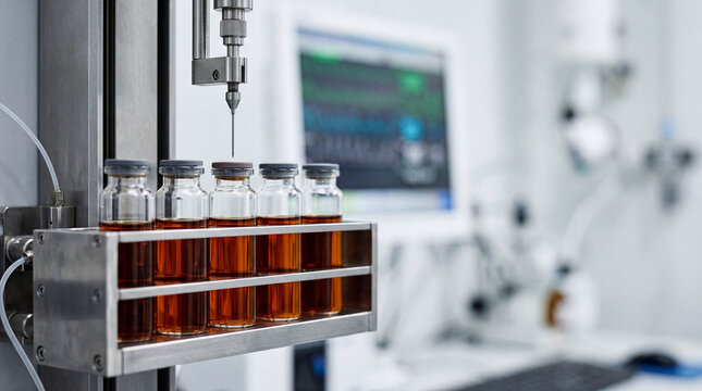 Pharmaceutical vials in an autosampler for hplc analysis in a modern laboratory.