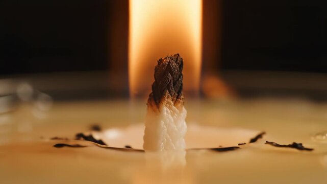 Close-up Macro Shot of a Burning Candle Wick with Smoke Wisps.