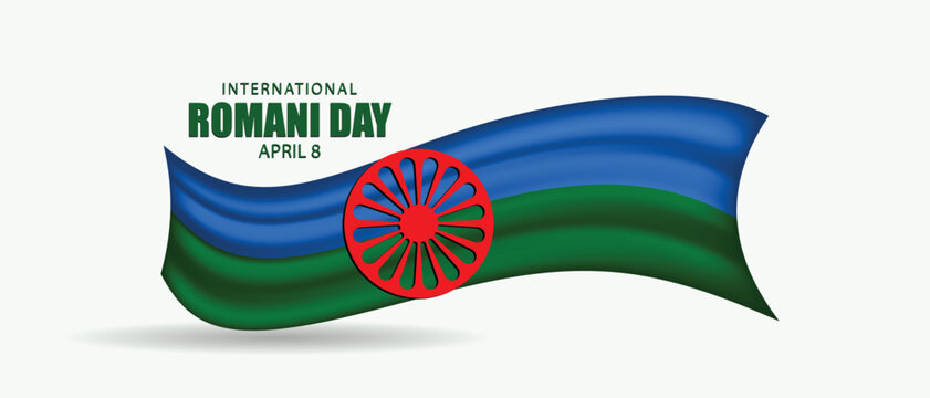 International Romani Day with waving Romani flag celebrating culture heritage unity vector poster