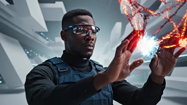 Man Interacting with Futuristic Digital Interface.