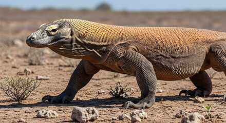 Massive Komodo dragon moving across dry earth landscape highlighting muscular build and rough reptile skin