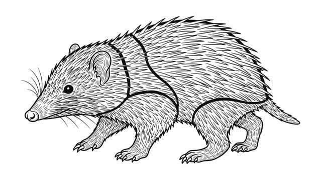 Tenrec Illustration: Black and white detailed illustration of a Lowland Streaked Tenrec a small mammal with spiny hair and a long snout.