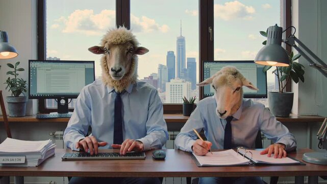 Sheep accountants work at office desk with city skyline behind window, surreal business scene with paperwork and computer tasks, humorous corporate routine concept showing calm workplace finance.