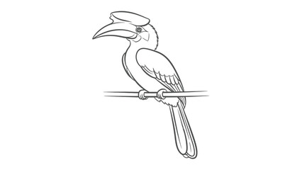 Hornbill sketch : This black and white illustration of a hornbill sitting on branch, offering a simplified and elegant aesthetic, perfect for various creative projects. © Murshida