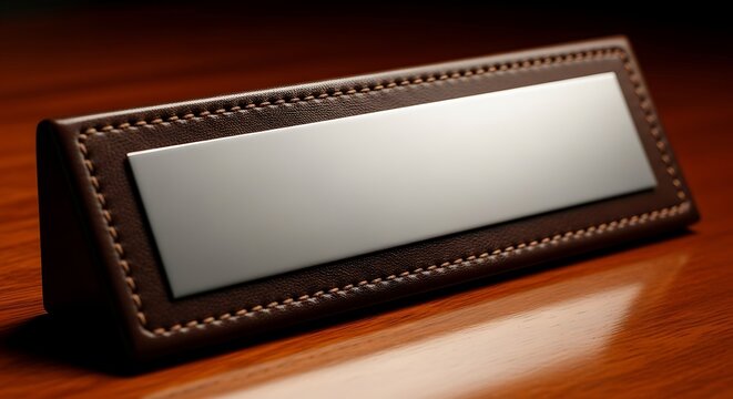 Elegant Brown Leather Desk Nameplate with Silver Plaque for Professional Office Decor.